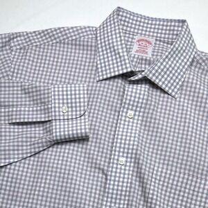 Brooks Brothers Mens Dress Shirt 16-35 Madison Blue White Check Non-Iron Cotton